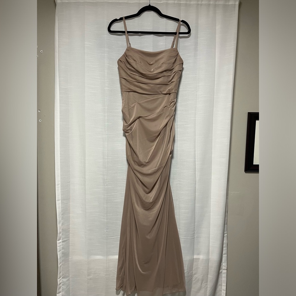 AZAZIE Teyana Fitted Square Neckline Pleated Mesh Long Dress - Taupe